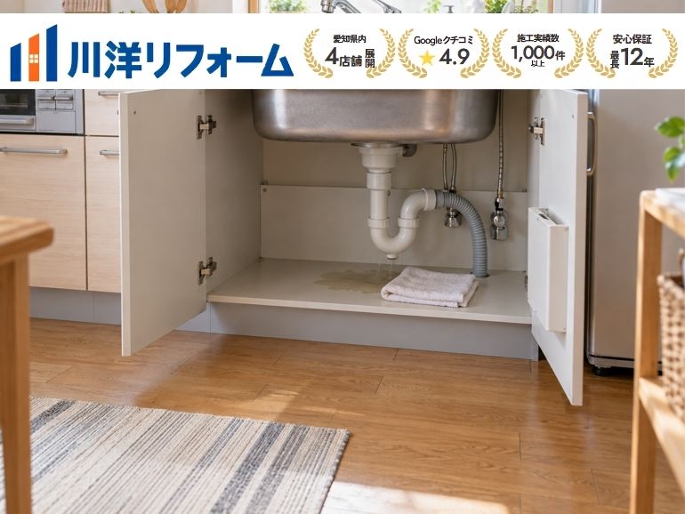 キッチン下から水漏れ｜配管修理で済む場合と収納・床の補修が必要な場合